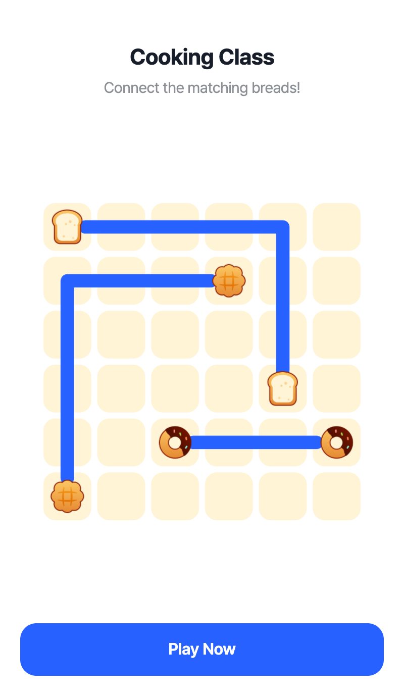 Cooking Class gameplay — matching breads connected by blue lines on the board