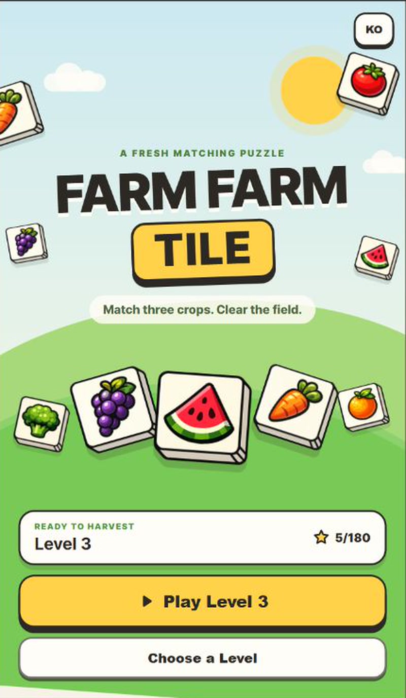 Farm Farm Tile gameplay — fruit and veggie tiles tumbling over the title