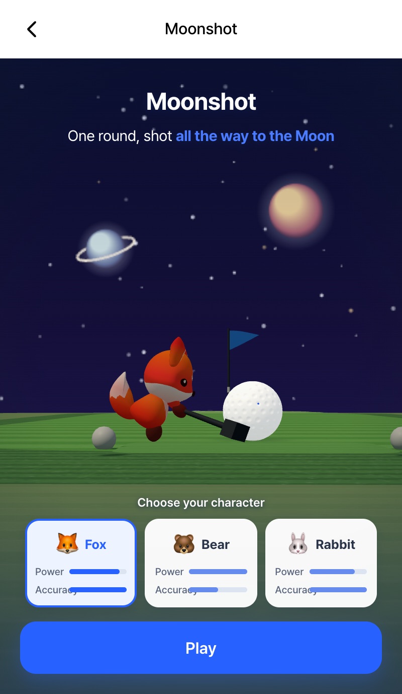 Moonshot Golf gameplay — the fox lining up a shot under two planets in the night sky
