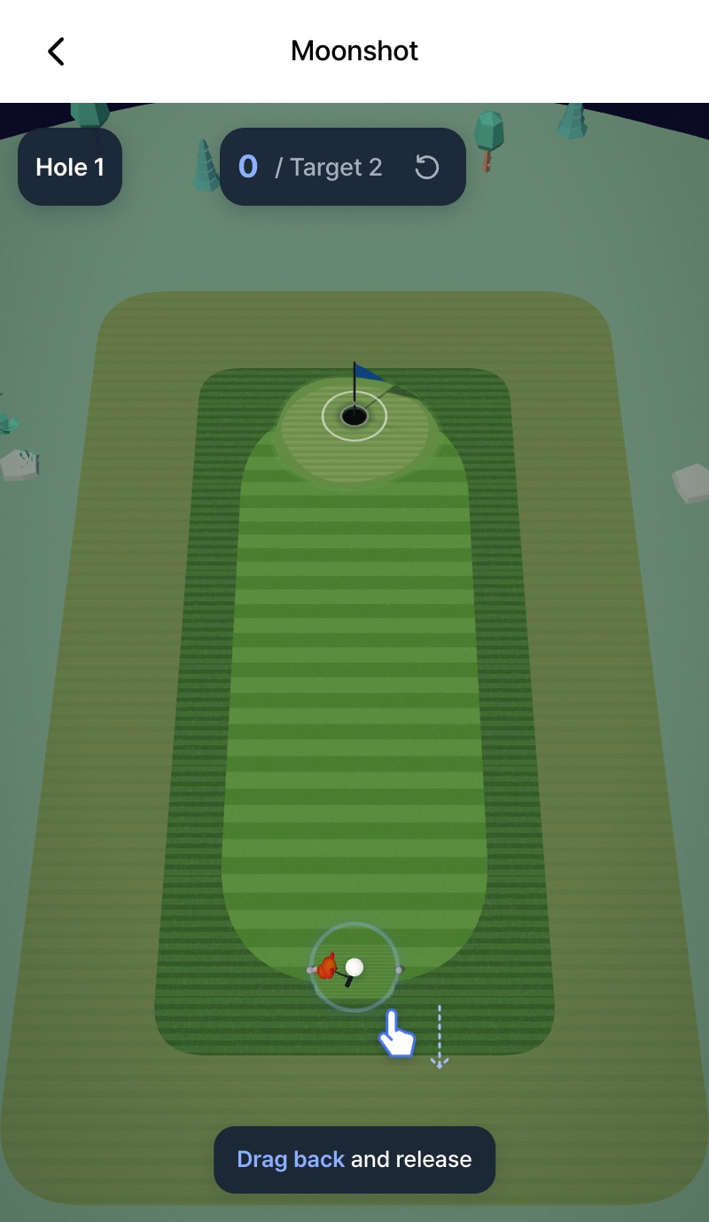 Moonshot Golf gameplay screenshot lining up a shot on hole 1