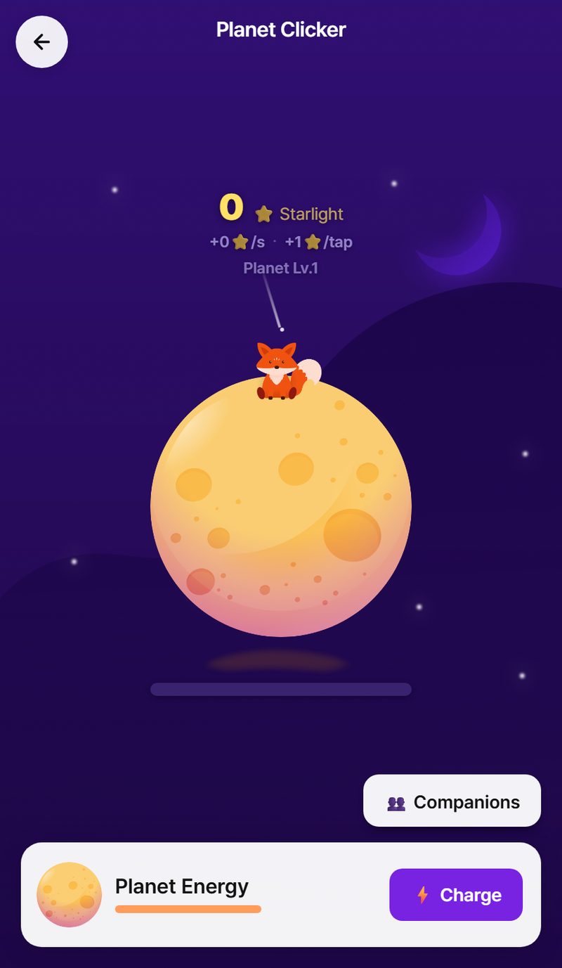 Planet Clicker gameplay — the fox sitting on a growing golden planet