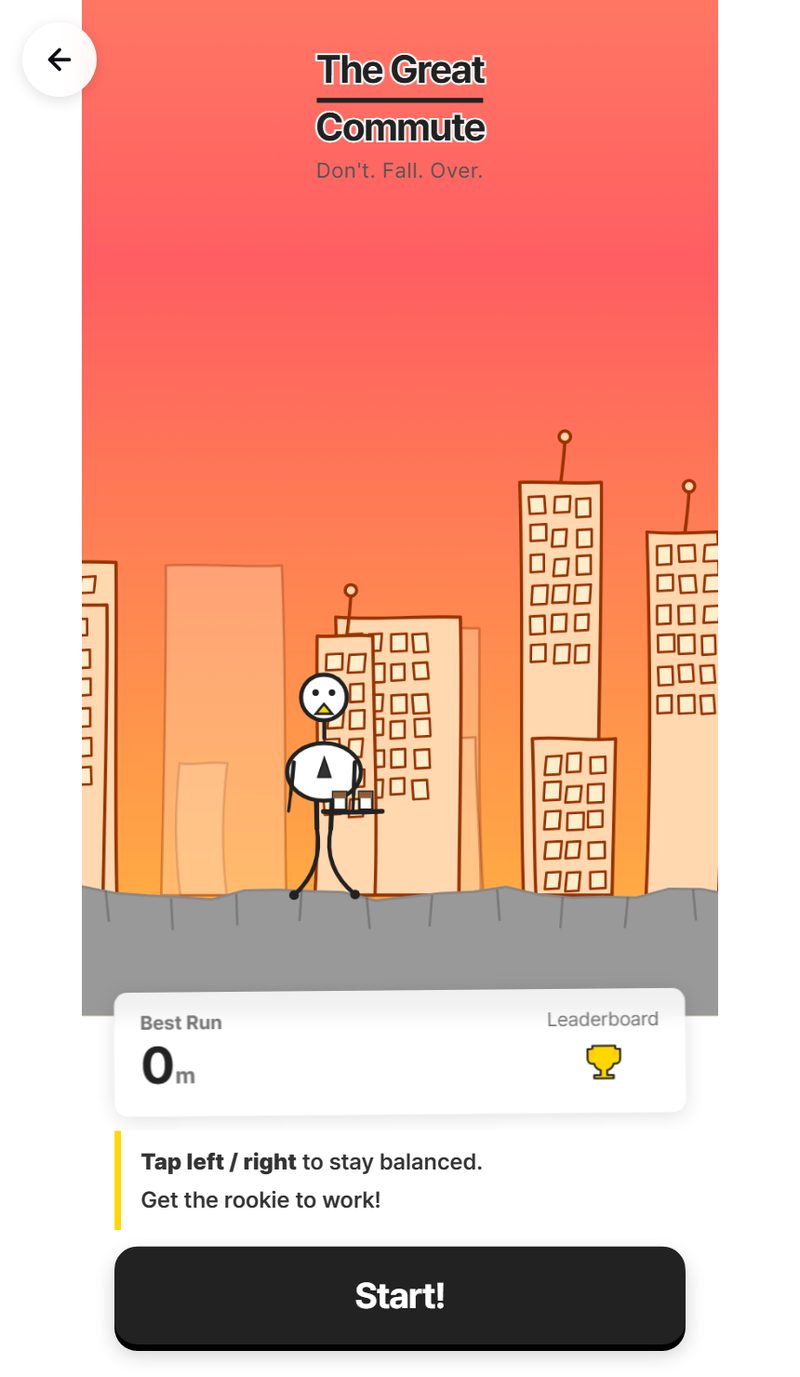 The Great Commute gameplay — the rookie balancing coffee against a sunset skyline