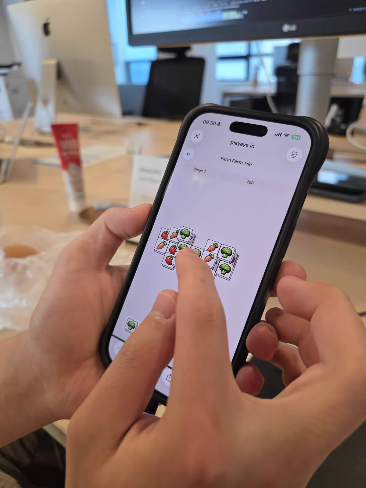 Farm Farm Tile Stage 1 running on an iPhone with a score of 200 during a small office playtest